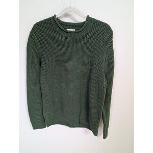 Men's L.L.Bean Organic Cotton Waffle Sweater Rollneck Crew Green Sz L Heavy